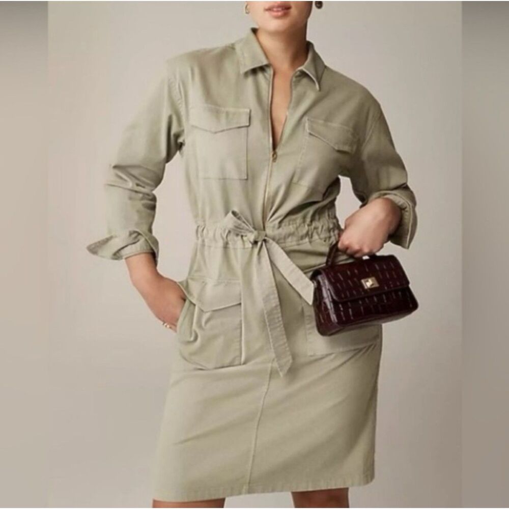 NWT J. Crew Cinched-Waist Utility Dress in stretch Green Chino Women’s 8